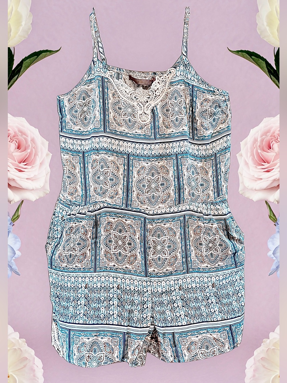 Boom Boom Jeans Blue and Cream Boho Lace-Trim Romper size XL